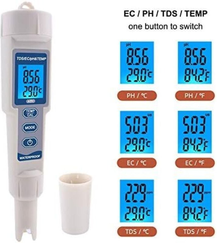 4-in-1-Wasserqualitätstester mit EC/TDS/PH/TEMP, wasserdicht, für Trinkwasserpools