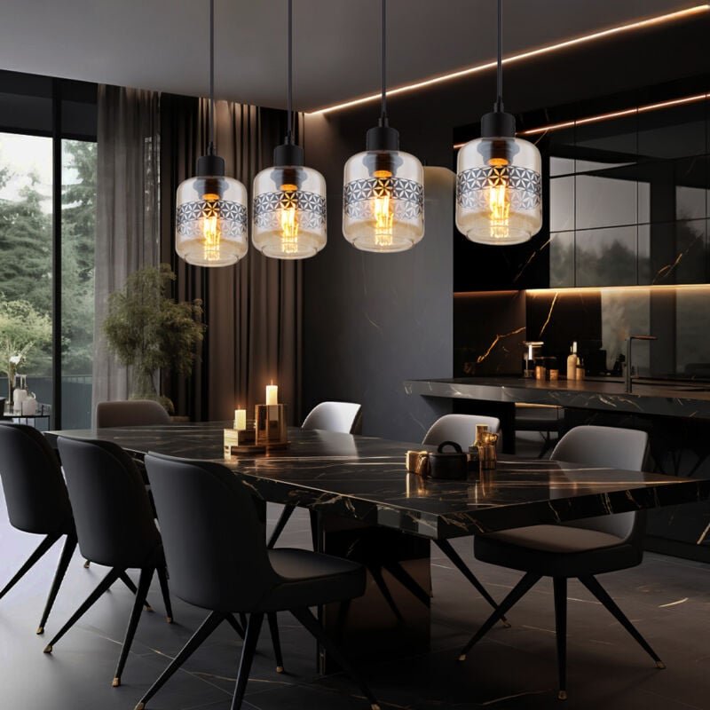 Pendellampe 4 flammig Hängelampe Wohnzimmerlampe Esstischleuchte Glas amber, Lebensblume Dekorband, 4x E27, LxH 71 x 120...