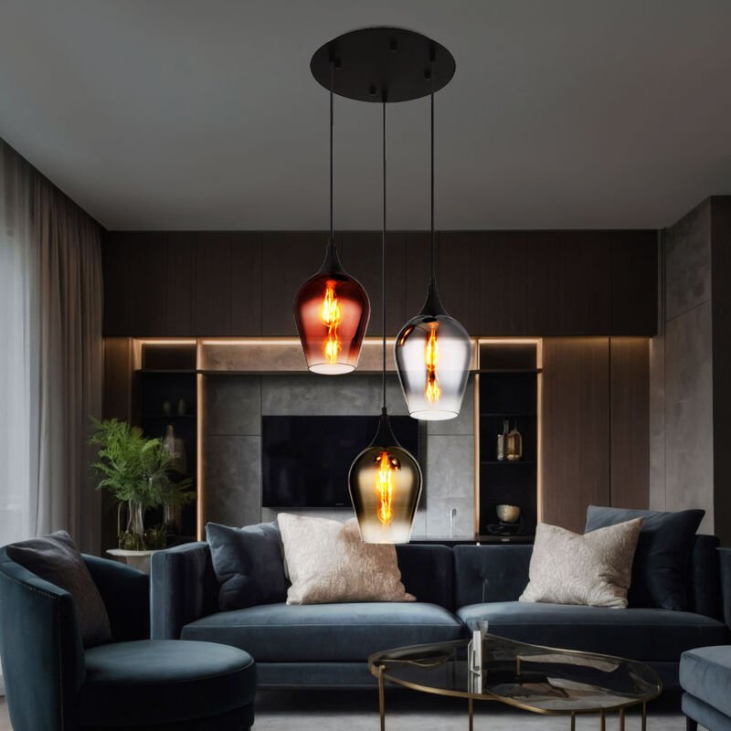 Thumbnail - Hängelampe Pendelleuchte Esszimmerleuchte Wohnzimmerlampe Deckenleuchte, Metall Glas schwarz, 3 Flammig E27, h 120 cm