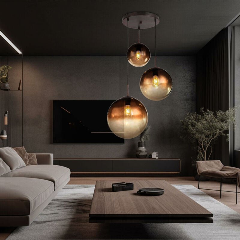 Pendelleuchte Hängelampe Esstischlampe Glas 3 flammig Glaskugel Hängelampe Glaskugel, Metall braun, 3x E27 Fassungen, Dx...