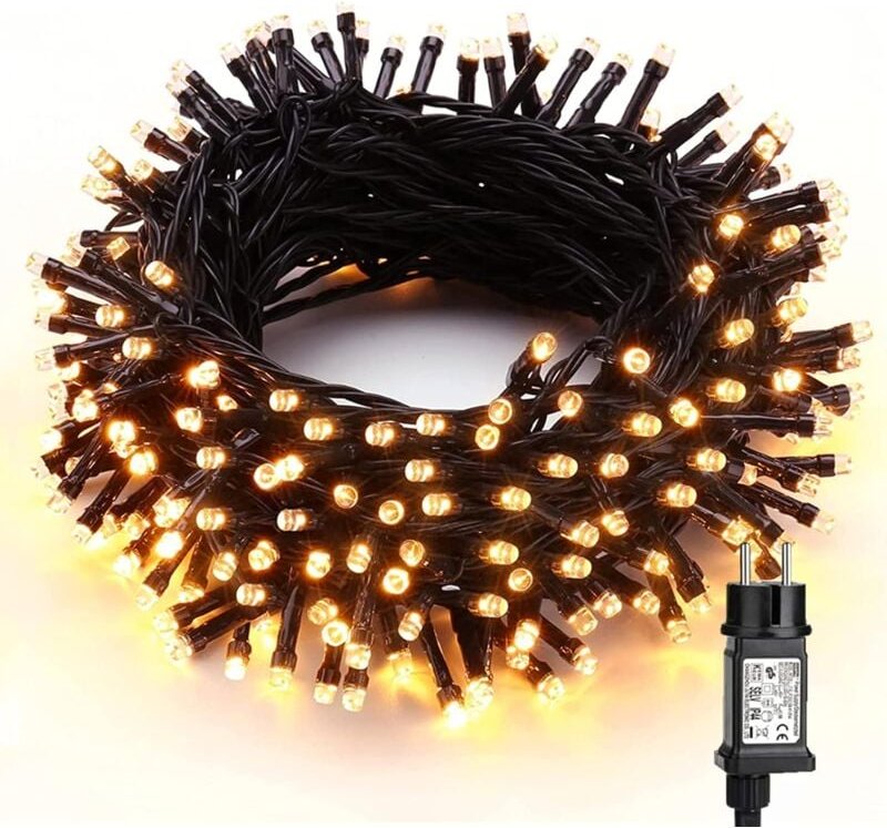 Weihnachtsbeleuchtung, 200 LEDs, elektrische Lichterkette für den Außenbereich, 20 m, warmweiß, grüner Draht, Innenbeleu...