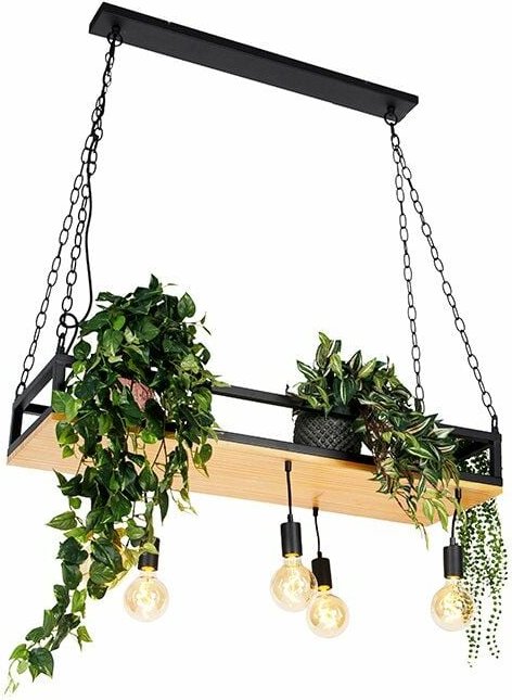 Industrielle Hängelampe schwarz mit Holz 5-Licht - Regal