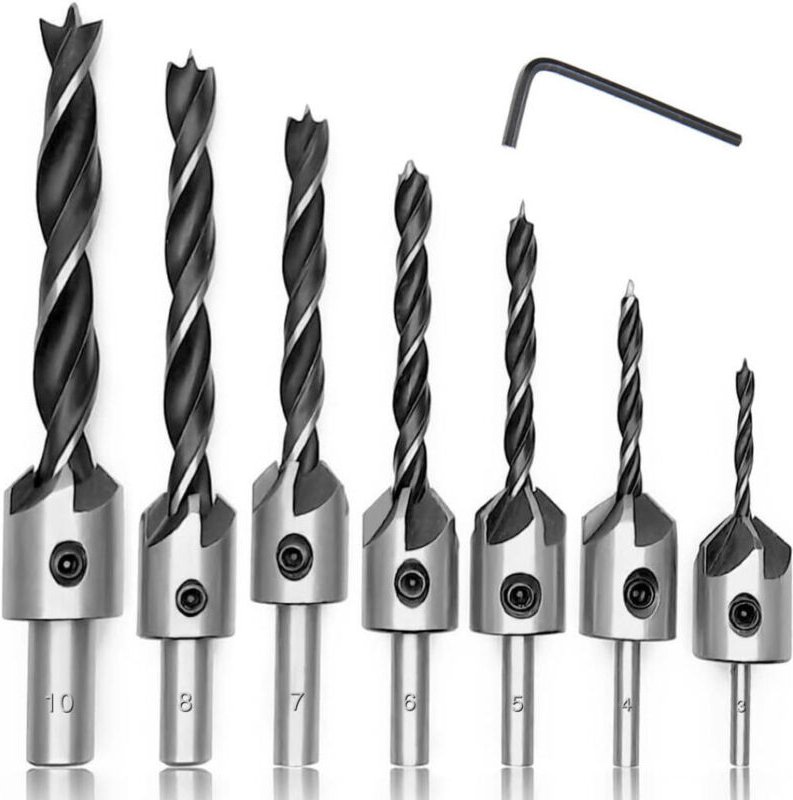 7-teiliges Set konischer Holzbohrer aus Stahl – Fräser mit Innensechskantschlüssel, 5-schneidige Herzbohrer für die Zimm...