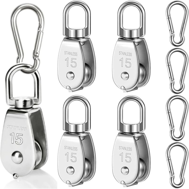 Satz aus 4 M15 Edelstahl-Seilrollen, Rücklaufrolle mit 4 M6 Karabinern, geringe Tragfähigkeit von 35 kg für Sonnensegel,...