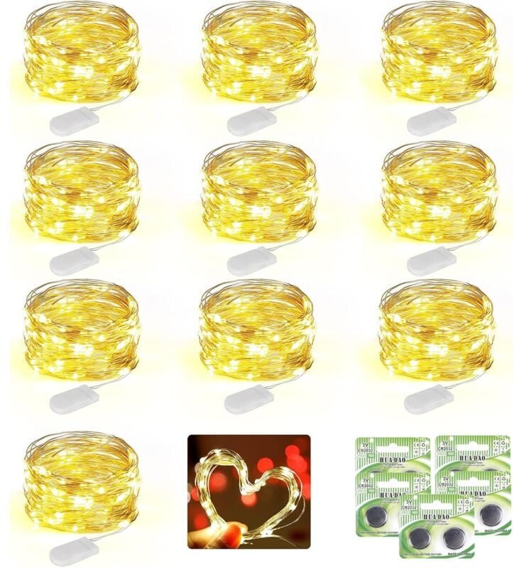 10er-Pack 2 m lange batteriebetriebene Lichterketten mit 20 LEDs, wasserdichte LED-Lichter mit Kupferdraht für Weihnacht...