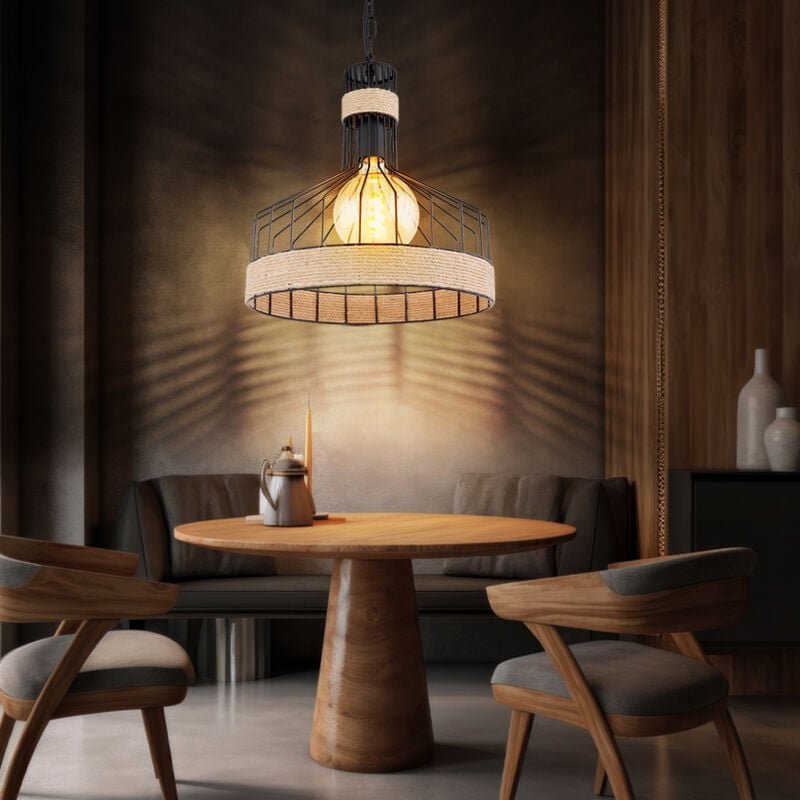 Pendellampe Hängeleuchte Wohnzimmer Hanfseil Deckenlampe Metallgitter in Käfig Optik, Kette schwarz, 1x E27, DxH 35x135 ...