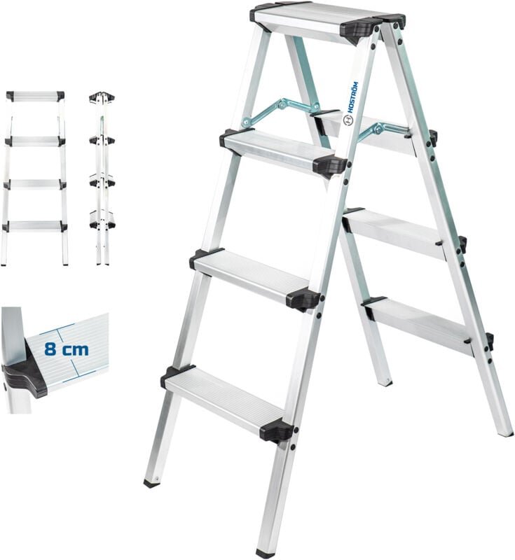 Stehleiter mit 4 Stufen HOMILIX4, kleine zusammenklappbare Stehleiter, Aluminium, kompaktes und robustes Design, max. Ar...
