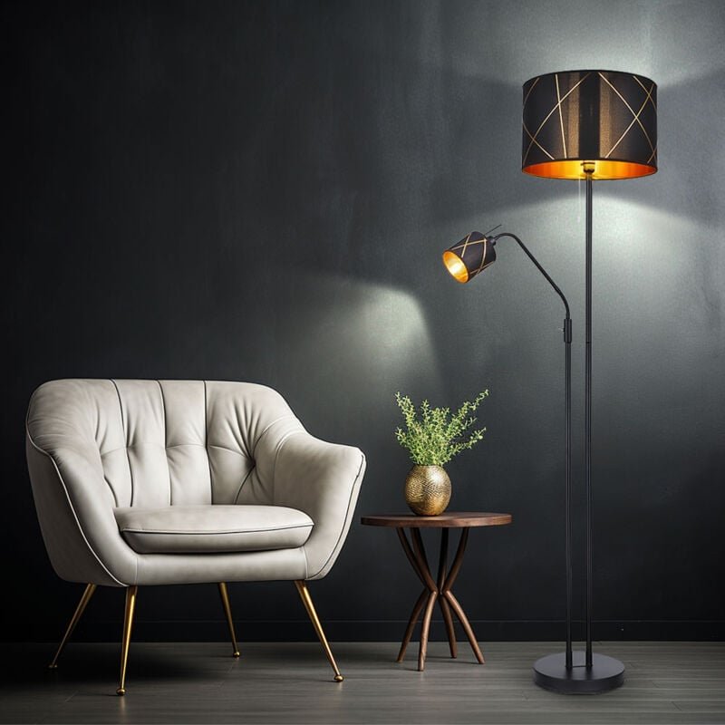 Stehlampe Wohnzimmer mit Leselampe Deckenfluter schwarz gold, Textilschirm, Leseleuchte flexibel getrennt schaltbar, 1x ...
