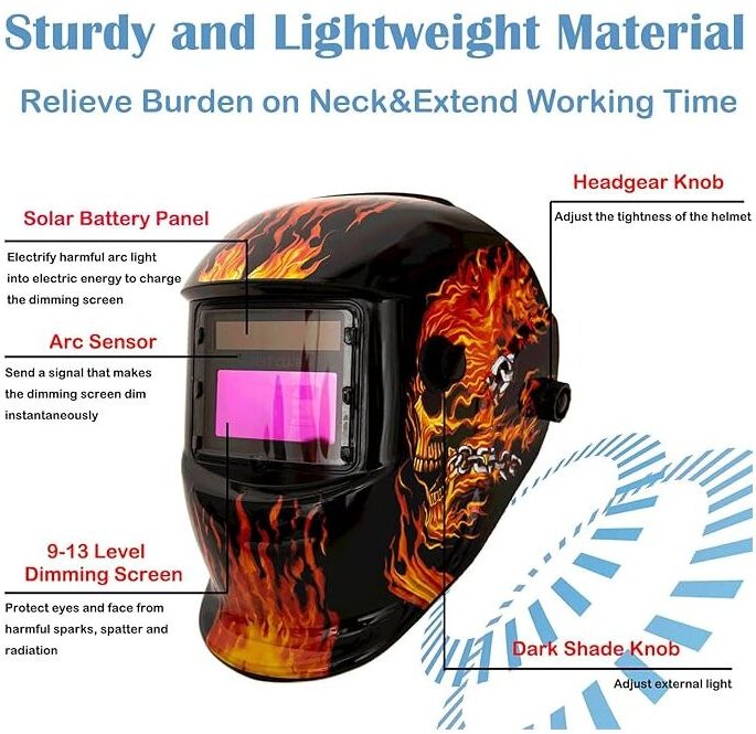 Feuerschädel-Schweißhelm mit variabler Dunkelheit und automatisch abdunkelndem LCD-Filter