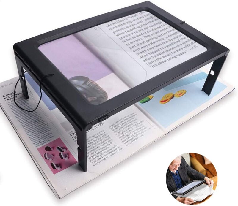 Leselupe, Lupe mit LED-Licht, freihändige rechteckige Lupe mit 3-facher Vergrößerung, 4 LED-Lampen und ausklappbaren Füß...