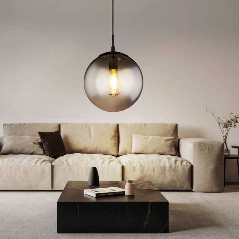 Decken Hängeleuchte mit Glaskugel Esstischlampe Wohnzimmerleuchte Rauchglas Kugel Pendelleuchte, 1x E27, IP20, DxH 25x12...