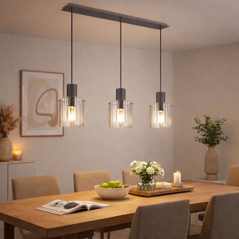 LED Pendellampe Pendelleuchte Esstischleuchte Wohnzimmerlampe Hängeleuchte 3 Flammig Rauchglas, Metall grau, 3x 7W 3x 81...