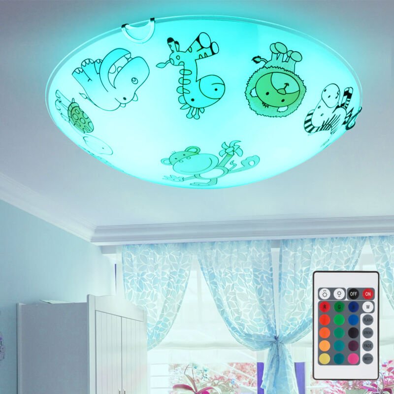 Led Kinderleuchte dimmbar mit Fernbedienung Deckenlampe Glas Kinderzimmerlampe rund, Glas bunt mit Tiermotiven, rgb Farb...