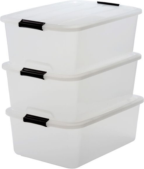 Aufbewahrungsbox mit Deckel, 30L, 3er-Set, Transparent, Schnappverschlüsse mit Griffen, Stapelbar, Stark & Langlebig, Fü...