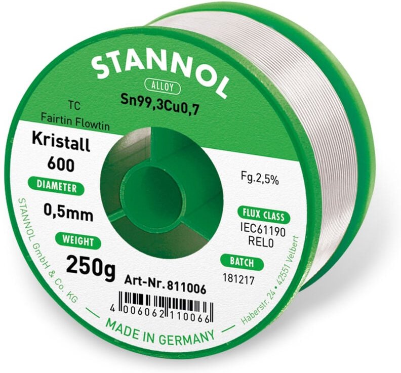 Stannol - Kristall 600 Fairtin Lötzinn, bleifrei bleifrei Sn99,3Cu0,7 REL0 250 g 0.5 mm