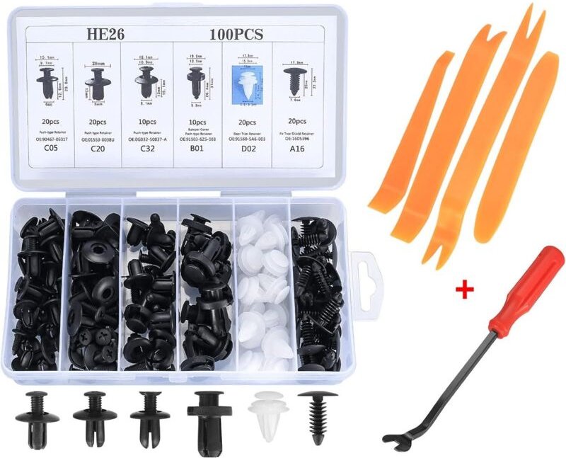 Packung mit 100 universellen Kunststoff-Kotflügelclips, Stoßstangen-Befestigungsclip-Set mit Werkzeug zum Entfernen von ...