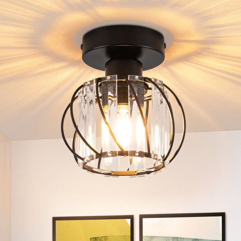 Gbly - Deckenleuchte Schwarz Deckenlampe Kristall: Modern Flurlampe E27 Küchenlampe mit Metall Rahmen Vintage Innen Deck...