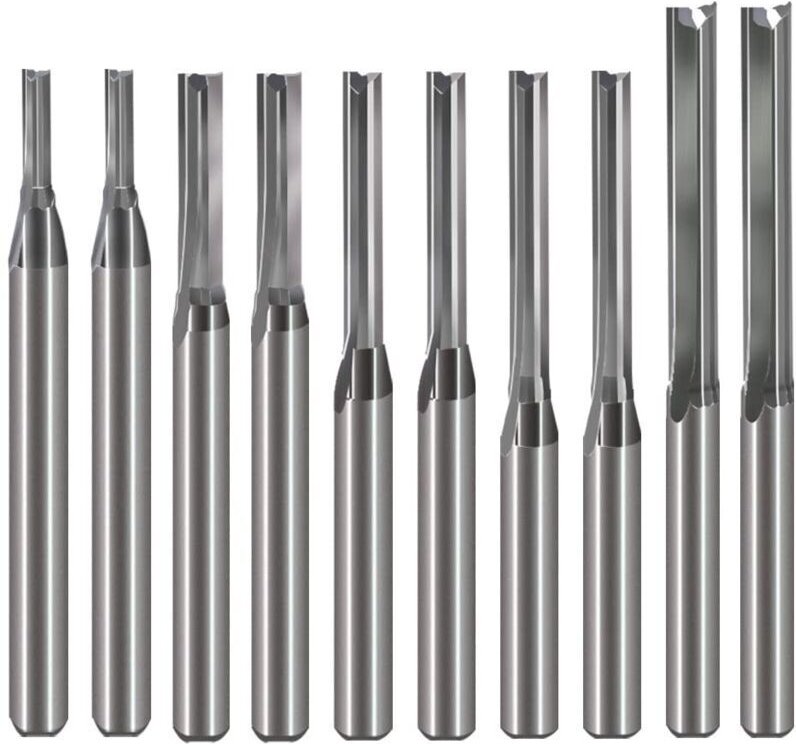 Set mit 10 geraden 1/8"-Fräsern (CED 1,0 mm, 1,5 mm, 2,0 mm, 2,5 mm, 3,175 mm), 2-schneidig, CNC-gefräst aus Wolframstah...
