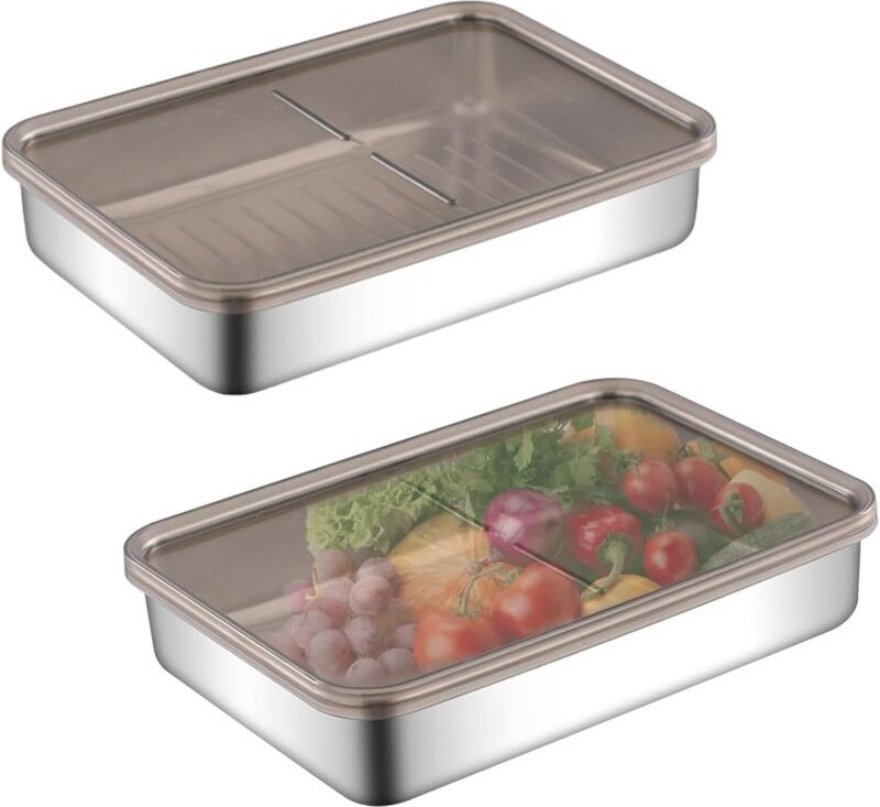 2 stapelbare Edelstahl-Feinabfüllbehälter mit luftdichten Deckeln für Fleisch/Käse