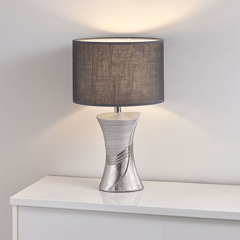 Fischer&honsel - Tischlampe Nachttischlampe Keramik Tischleuchte Leinen grau Wohnzimmerlampe Beistelllampe, 1x E14, DxH ...