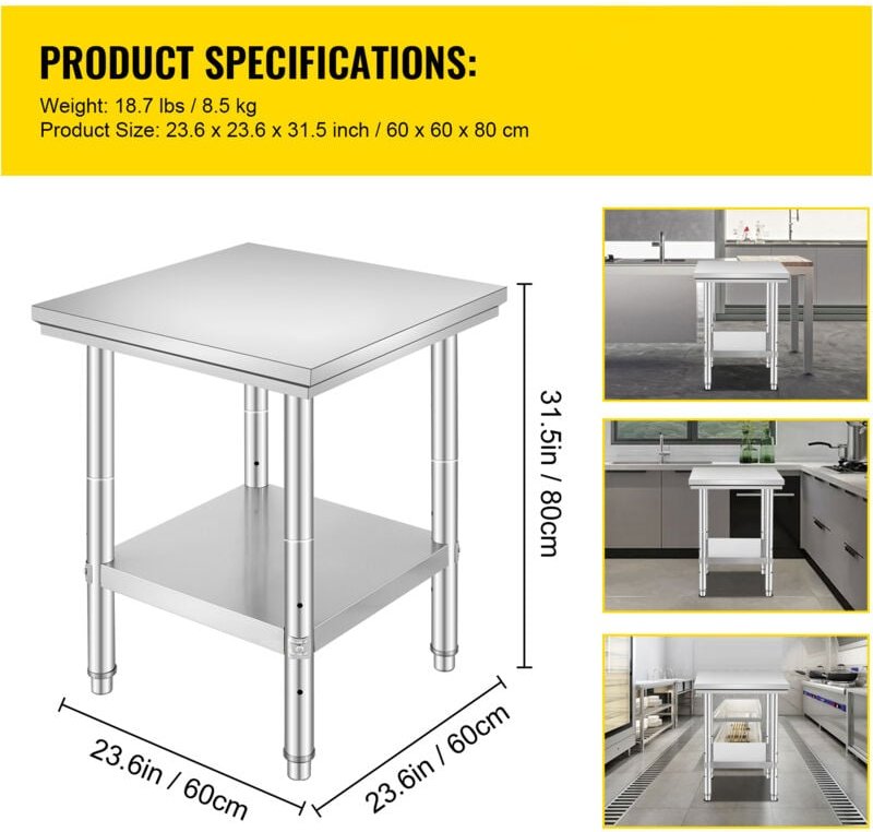 Zubereitungstisch aus Edelstahl, 61 x 61 x 78,7 cm, 311 kg Tragkraft, robuste Metallarbeitsstation, 3 einstellbare Höhen...