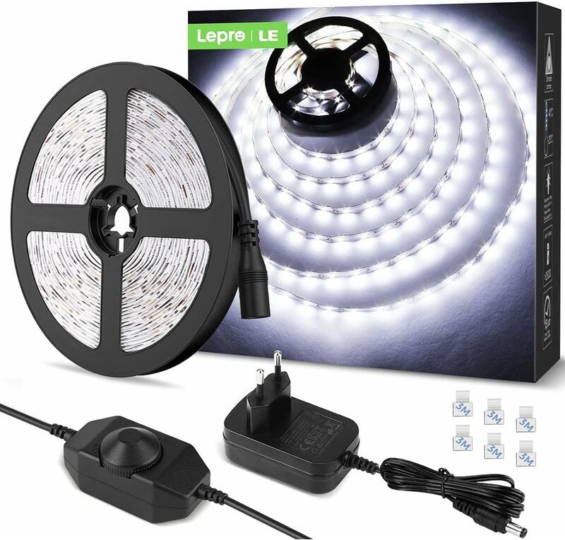 Mezheng - 5M led 1200LM Kaltweiß Dimmbar, 12V 6000K 300LEDs 2835, Selbstklebender LED-Streifen mit Dimmer, Anschlüssen +...
