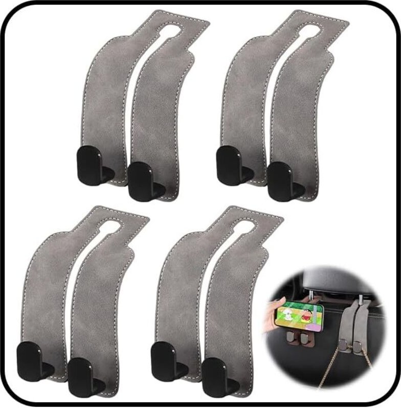 Set mit 4 Auto-Kopfstützenhaken, Doppel-Autositzhaken, Aufbewahrungshaken aus Leder, Multifunktionale Auto-Sitzlehnenhak...
