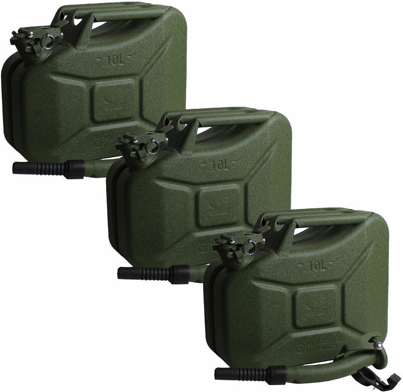 Trutzholm ® - 3x Benzinkanister Kraftstoffkanister Metall 10 Liter Hammerschlag Olivgrün inkl. Ausgießer + Halter