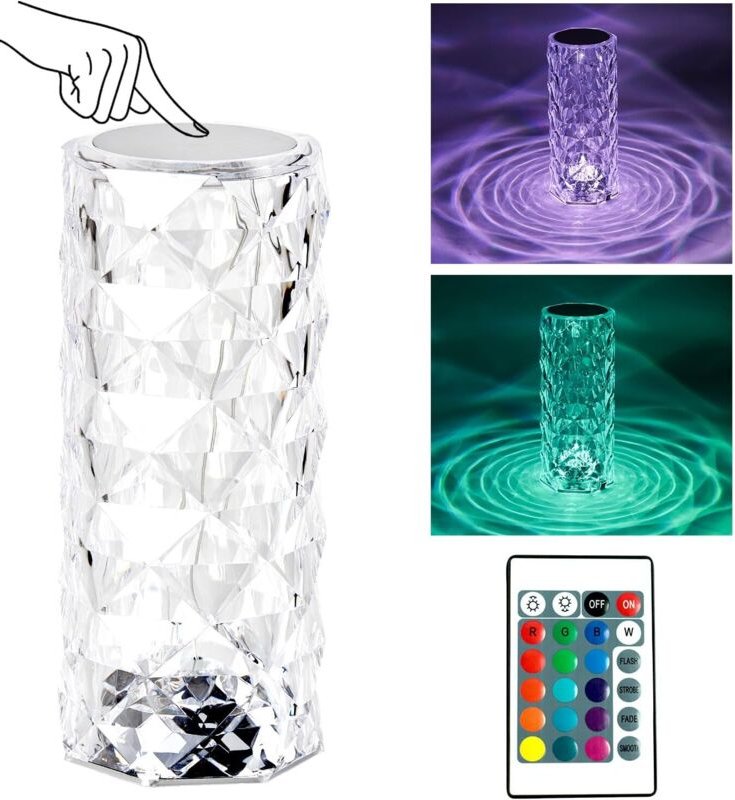 LED-Kristall-Tischlampe, moderne, kreative Nachttischlampe, Rose, dimmbare Touch-Lampe mit Kristalllampe, RGB-Farbwechse...