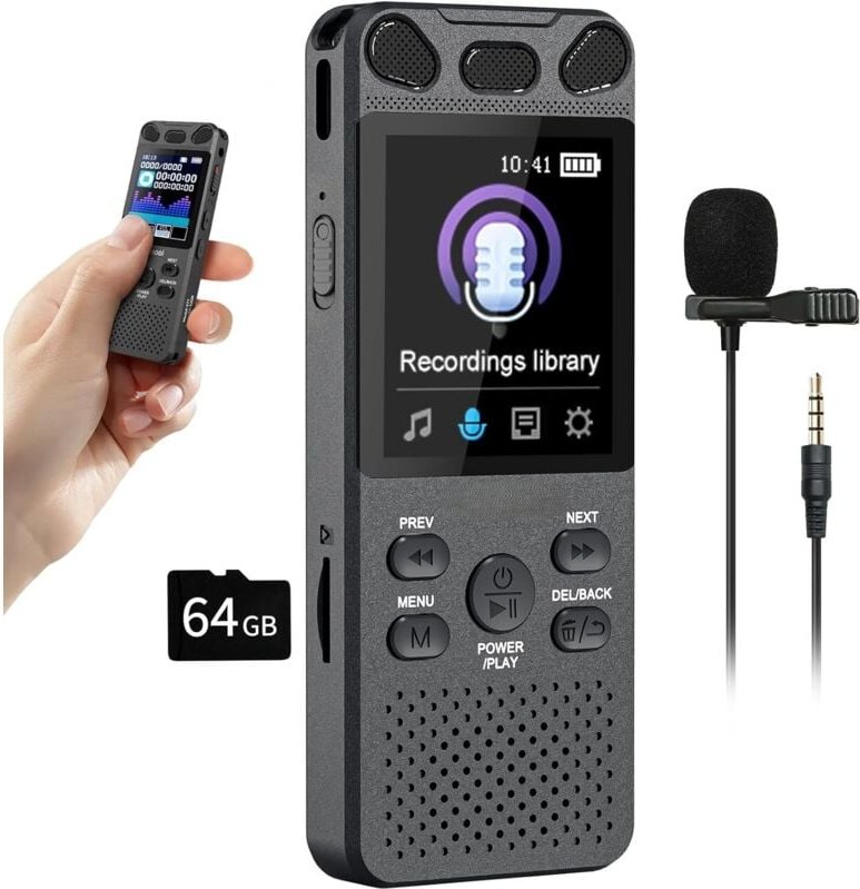 96GB Digitales 110 Std Aufnahmegerät mit Externes Mikrofon, 2,15' Farbbildschirm Voice Audio Recorder, USB-C Diktiergerä...