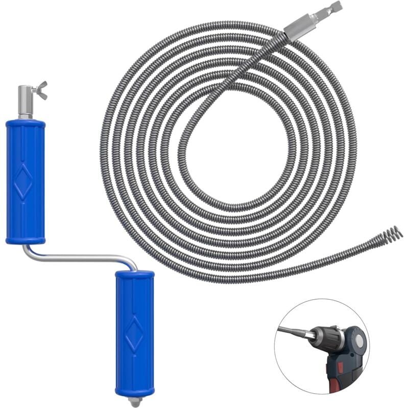 Rohrreiniger 5 m, Durchmesser 6 mm, Rohrreinigungsspirale, Reinigungsspirale mit Strom- und Handadapter, Spiralkanal-Rei...