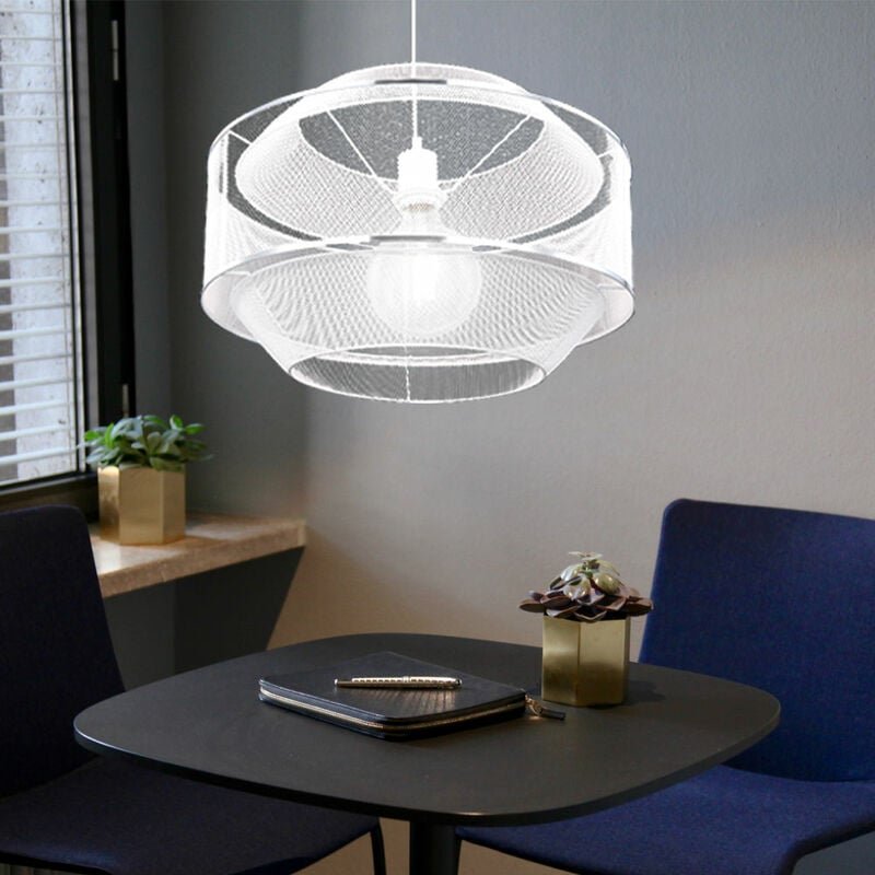 Pendelleuchte Esszimmer Hängeleuchte Hängelampe Metall-Gitter mit Chromringen, weiß silber rund, 1x E27, DxH 45x150 cm, ...