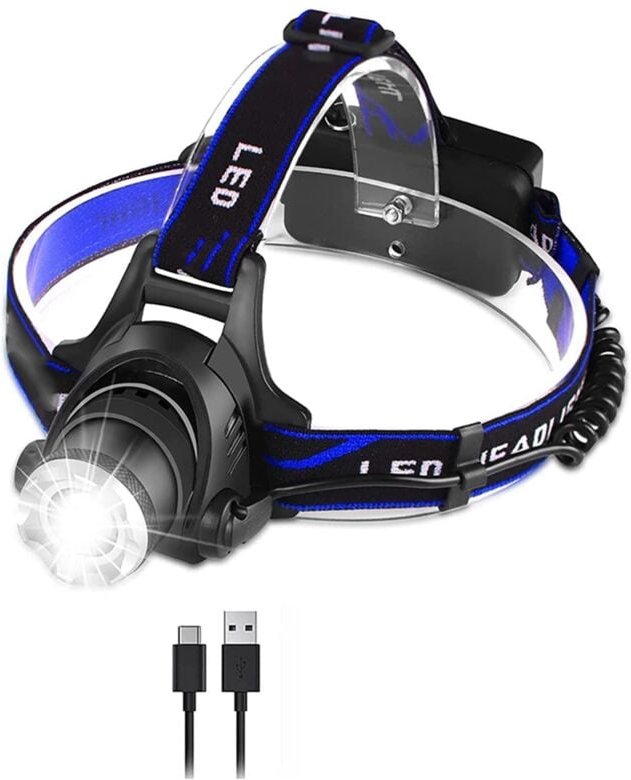 LED-Stirnlampe, wiederaufladbar, 3 Beleuchtungsmodi, Teleskop-Zoom-Taschenlampe, superhelle Lichter für Camping