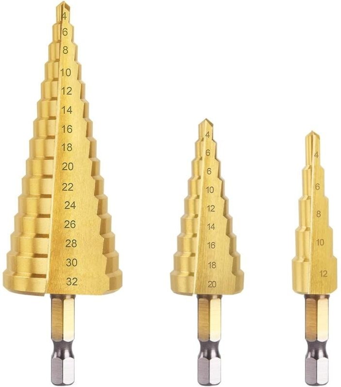 3-teiliger Metall-Stufenbohrer, 4–12/20/32 mm, dreieckiger konischer Metall-Stufenbohrer aus Titan, Sechskantschaft-Stuf...
