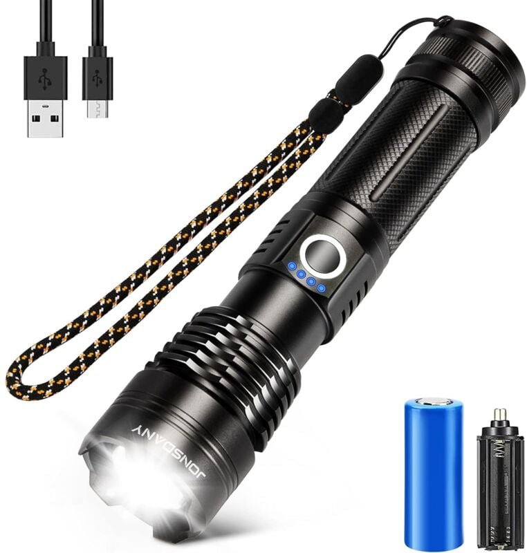 Aougo - LED-Taschenlampe, wiederaufladbare Taschenlampe, zoombar, langlebig, IP68 wasserdicht und 5 Betriebsmodi für