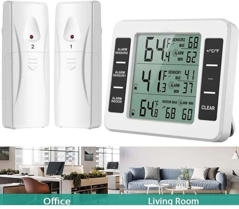 Kabelloses Kühlschrank- und Gefrierschrankthermometer mit 2 Sensoren und akustischem Alarm für Küche, Restaurant und Hau...