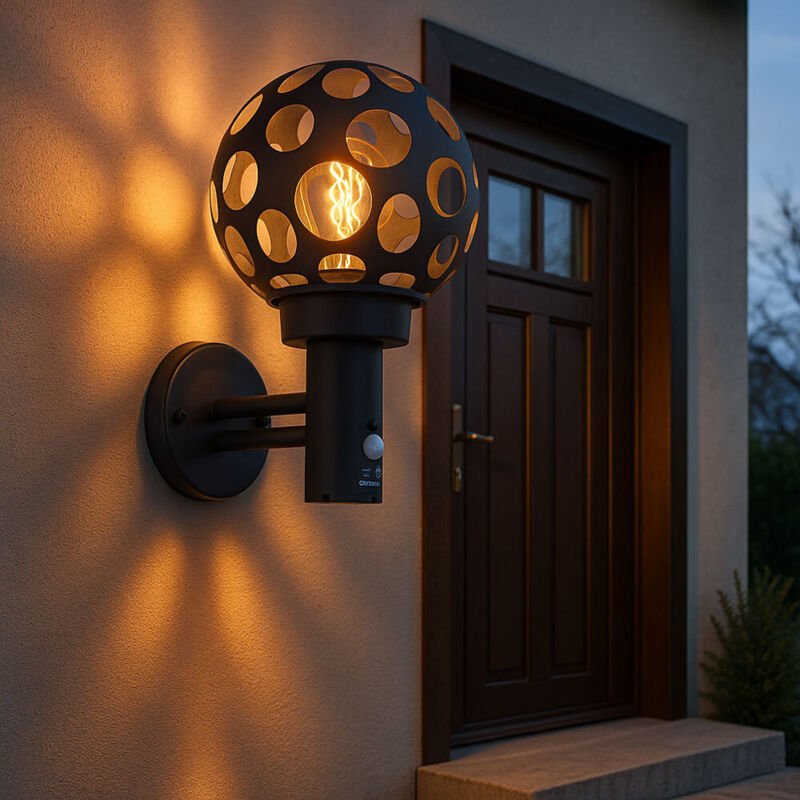 Thumbnail - Led Aussenlampe mit Bewegungsmelder anthrazit Wandlampe mit Bewegungsmelder Außen Wandleuchte Kugel, im Loch-Design, 1x ...