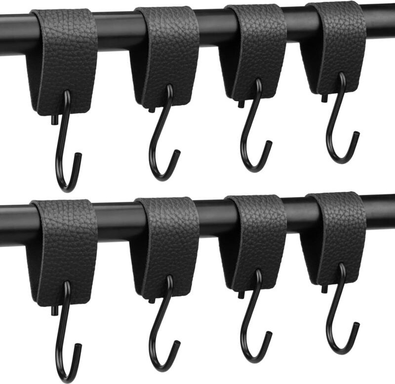 Lntyq - 8er-Pack schwarze S-Haken mit Lederschlaufe für Kleiderstange, Kleiderhaken mit Lederschlaufe, Aufhängehaken für...