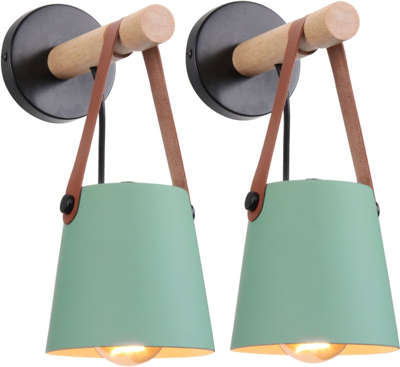 2Pcs Wandleuchte Innen Grün, Vintage Wandlampe Holz und Metall E27 Nachttischlampe für Wohnzimmer Schlafzimmer Flur Trep...