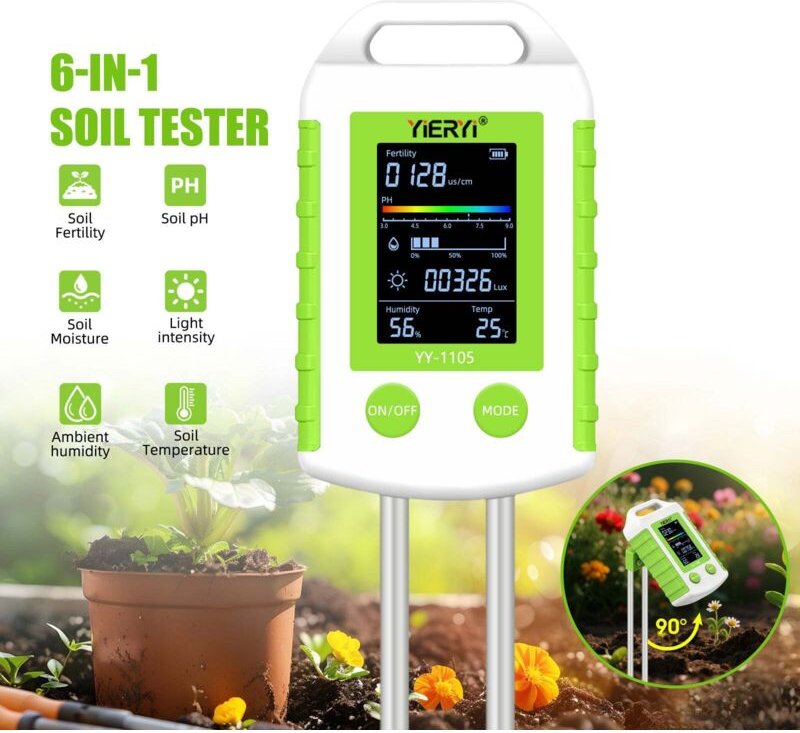 6-in-1 Bodenmessgerät mit Doppelsonde – pH, Feuchtigkeit, Temperatur, Licht & Bodenfruchtbarkeit, LCD-Display für Garten...