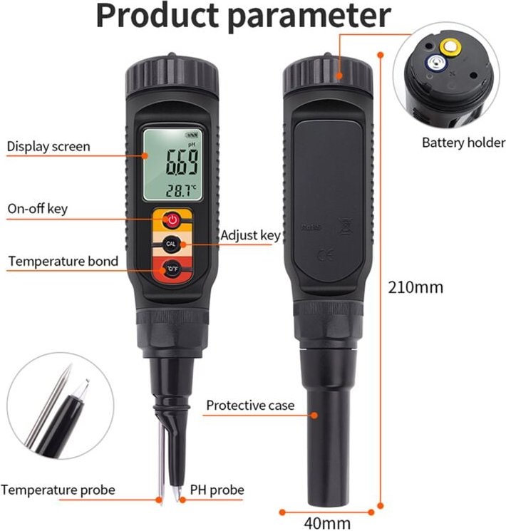 Digitales PH-MessgeräT für Lebensmittel, 0,00-14,00 PH-Temp-SäUretester, Teig, Boden, PH-Detektor Fleisch, KäSe, Brot, A...
