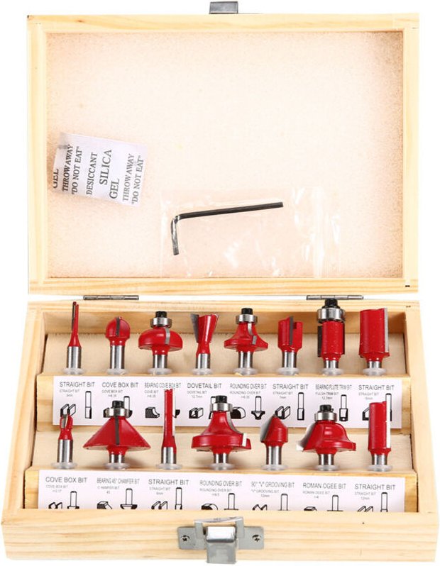 6,35-mm-Fräser. Set mit 15 Fräsern, 6,35 mm (1/4") Schaft, Holzbearbeitungsfräser mit Hartmetallspitze, Schaft aus gesch...