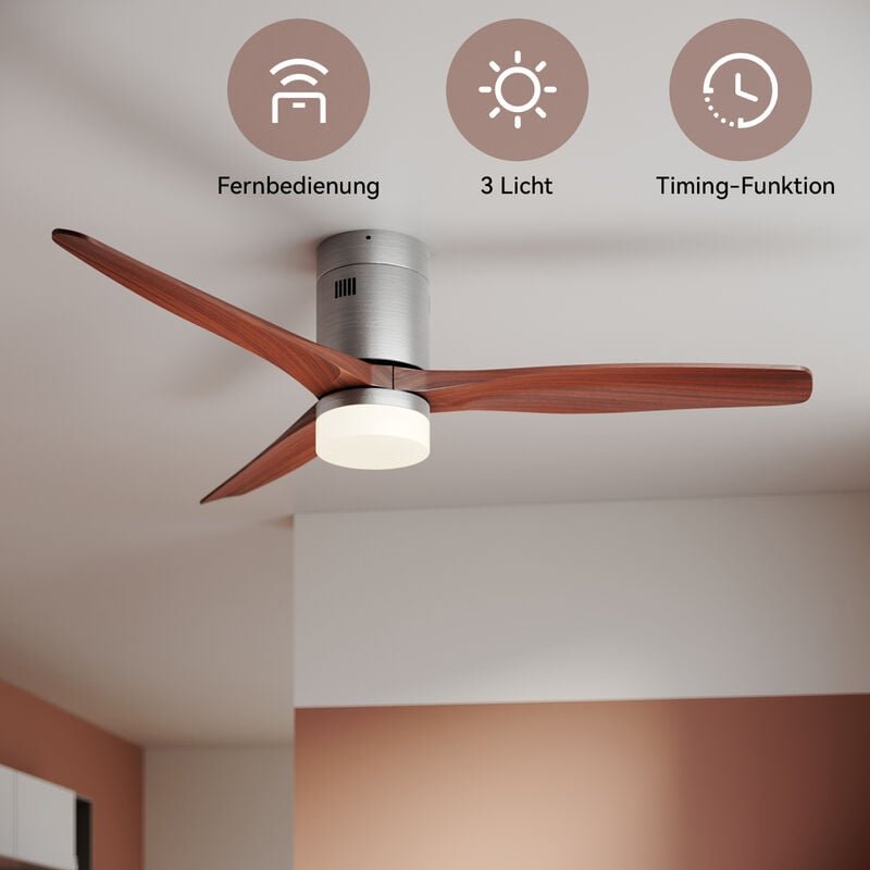 Deckenventilator 52' mit beleuchtung und fernbedienung 3 Verstellbare led Licht Holz Nickel gebürstet,Mahagonifarbe - So...