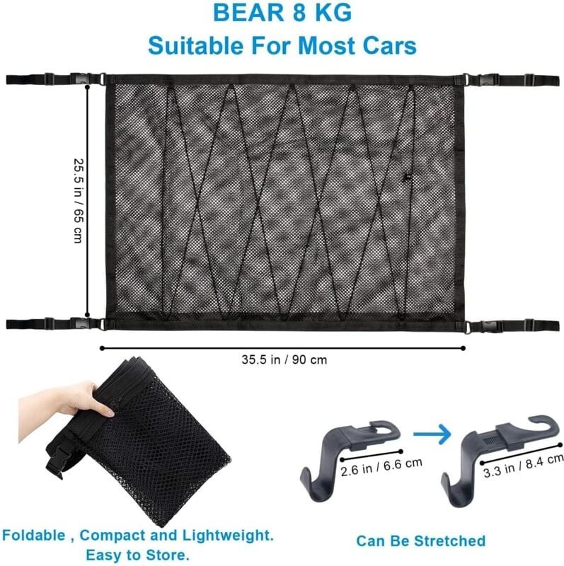 Auto-Aufbewahrungsnetz 90 cm x 65 cm, multifunktionaler Organizer mit Reißverschluss mit 2 Autositzhaken, Aufbewahrungsn...