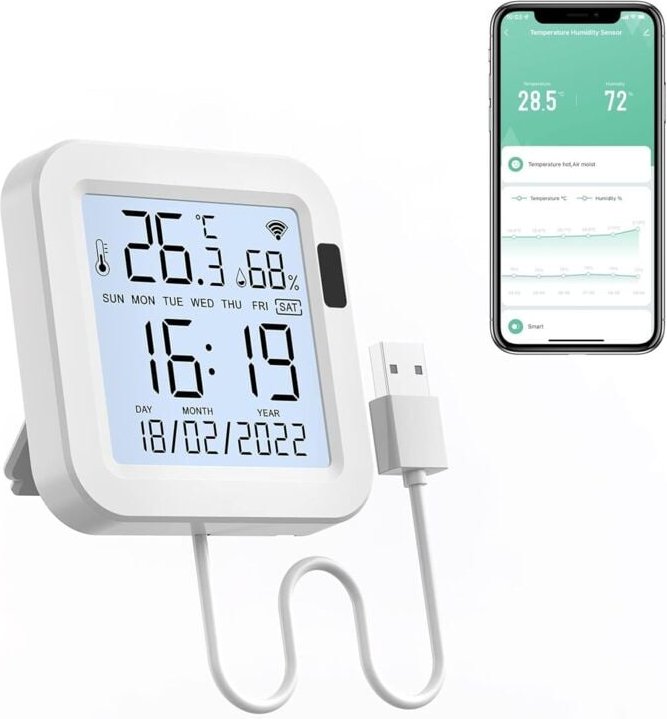 WiFi-Innenthermometer-Hygrometer, Tuya-Innenthermometer-Feuchtigkeitssensor mit hintergrundbeleuchtetem Datenprotokollie...