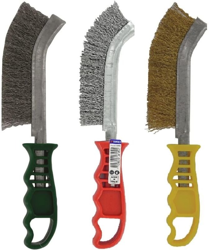 Set mit 3 ergonomischen Handbürsten: Stahldraht, vermessingter Stahldraht, Edelstahldraht - Tivoly