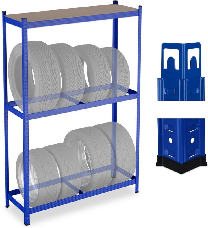 Relaxdays Reifenregal für 8 Reifen, HxBxT: 180 x 120 x 40 cm, 795 kg, Stahl, Stecksystem, Räderregal mit Ablage, blau
