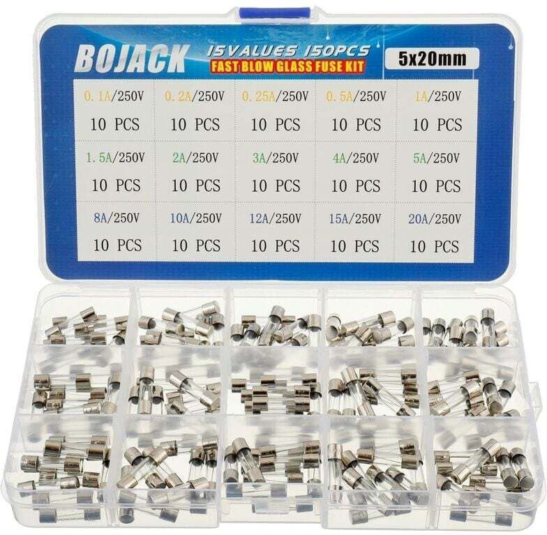 15 Werte Sortiment Glassicherungen mit Schnellverbinder 150 Stück 5x20mm 250V 0,1 0,2 0,25 0,5 1 1,5 2 3 4 5 8 10 12 15 ...