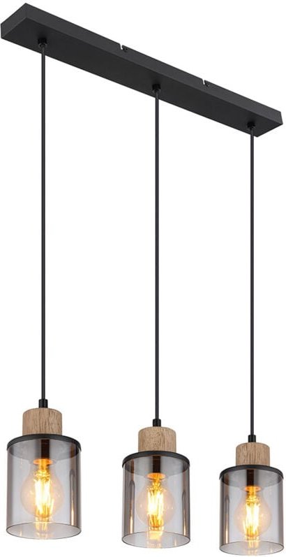 Pendellampe Esstischleuchte Hängelampe Wohnzimmer 3 flammig, Metall schwarz Holz braun Glas rauch, 3x E27, LxH 55x 120 c...