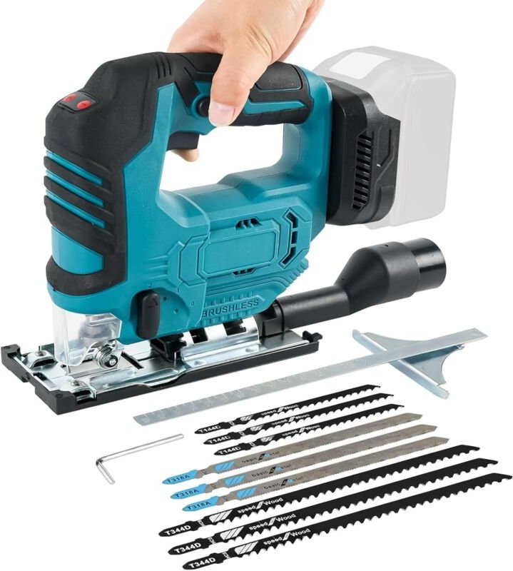 Akku-Stichsäge, kompatibel mit Makita 18V 500W Akku. Bürstenloser Motor, 3300 U/min, 45°-Gehrungsschnitt mit Stichsägebl...